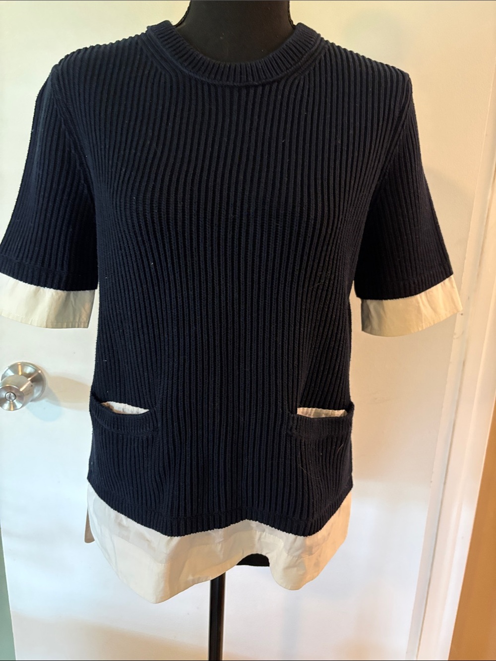 Tory Burch Navy Ribbed Short-Sleeve Top with Cream Trim